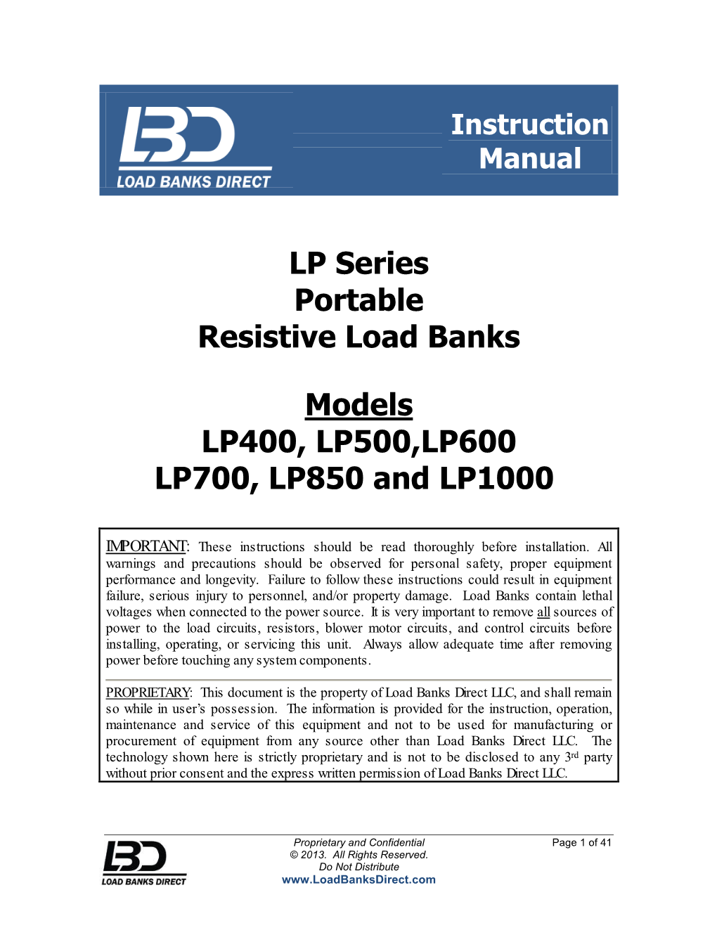 LP Series Portable Resistive Load Banks Models LP400, LP500