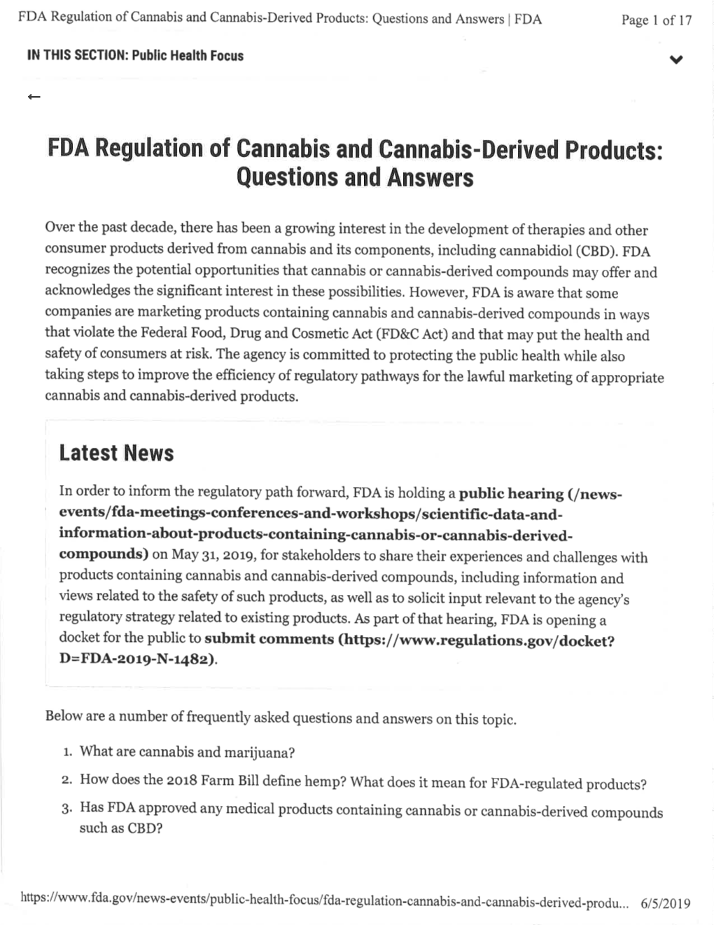 FDA Regulation of Cannabis and Gannabis-Derived Products: Questions and Answers