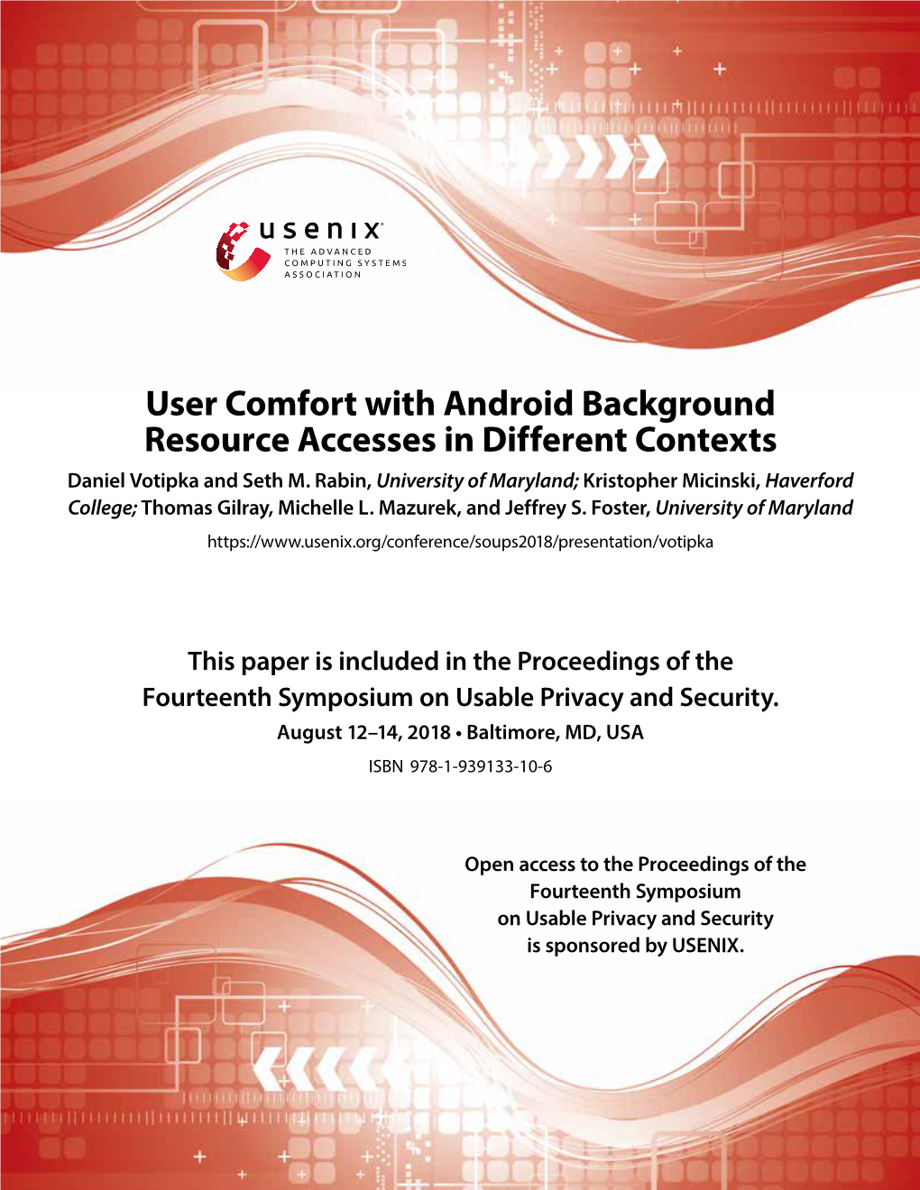 User Comfort with Android Background Resource Accesses in Different Contexts Daniel Votipka and Seth M