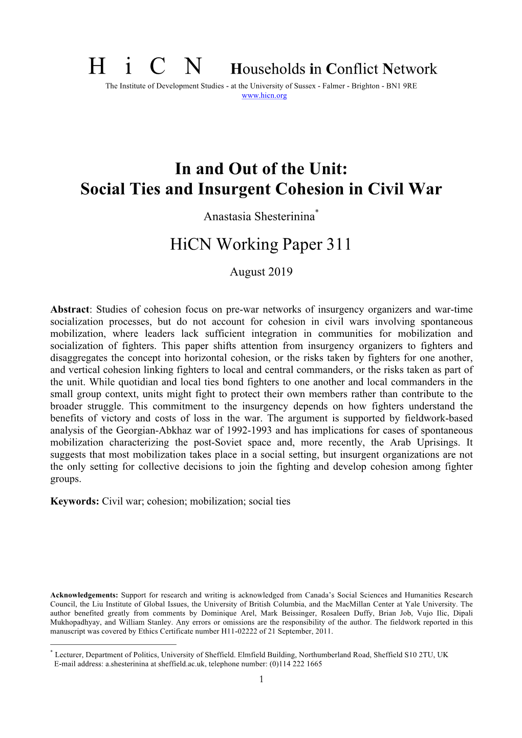 In and out of the Unit: Social Ties and Insurgent Cohesion in Civil War