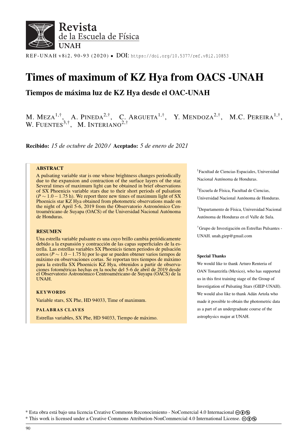 Times of Maximum of KZ Hya from OACS -UNAH Tiempos De Máxima Luz De KZ Hya Desde El OAC-UNAH