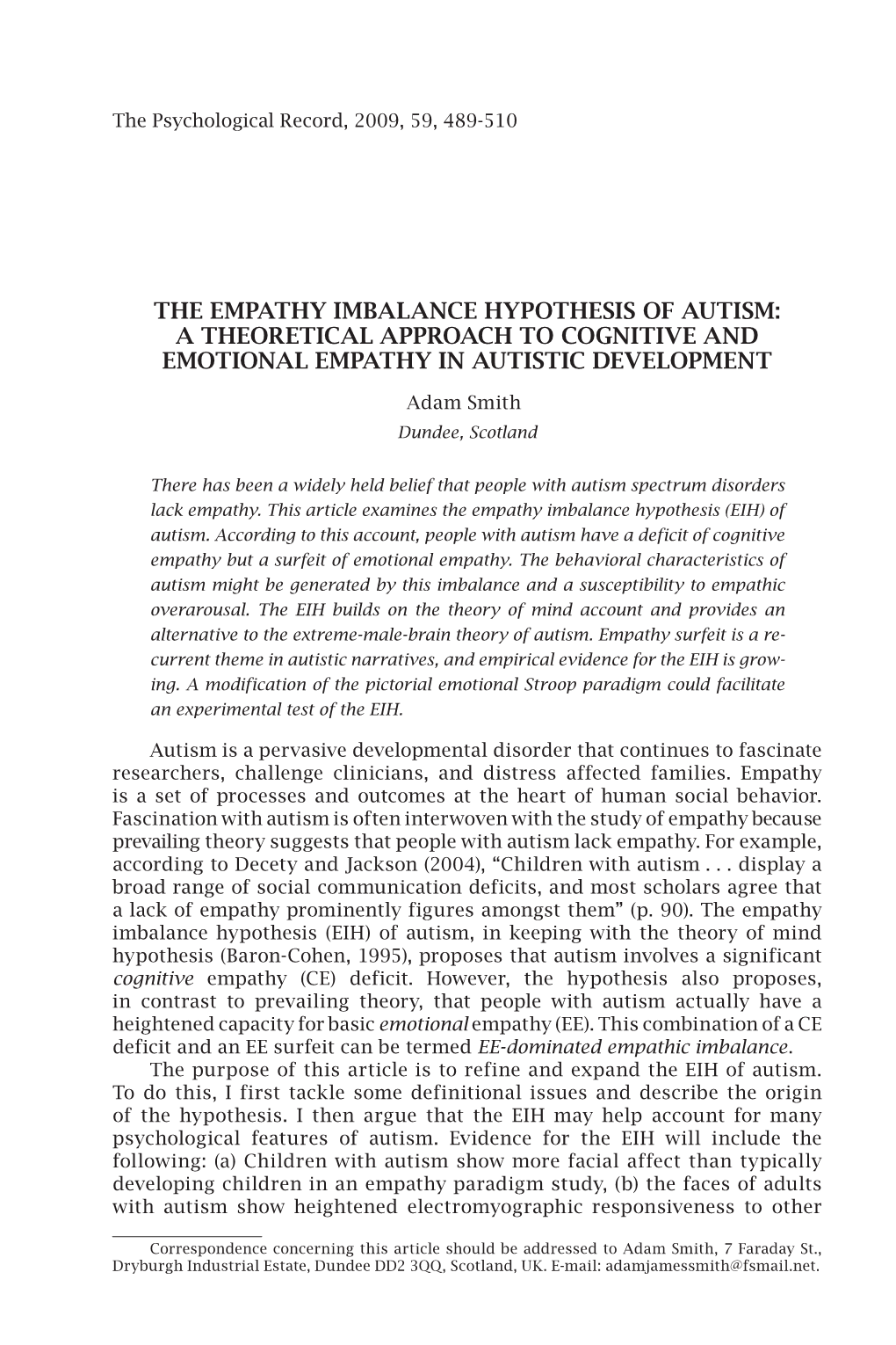 The Empathy Imbalance Hypothesis of Autism: a Theoretical Approach to Cognitive and Emotional Empathy in Autistic Development