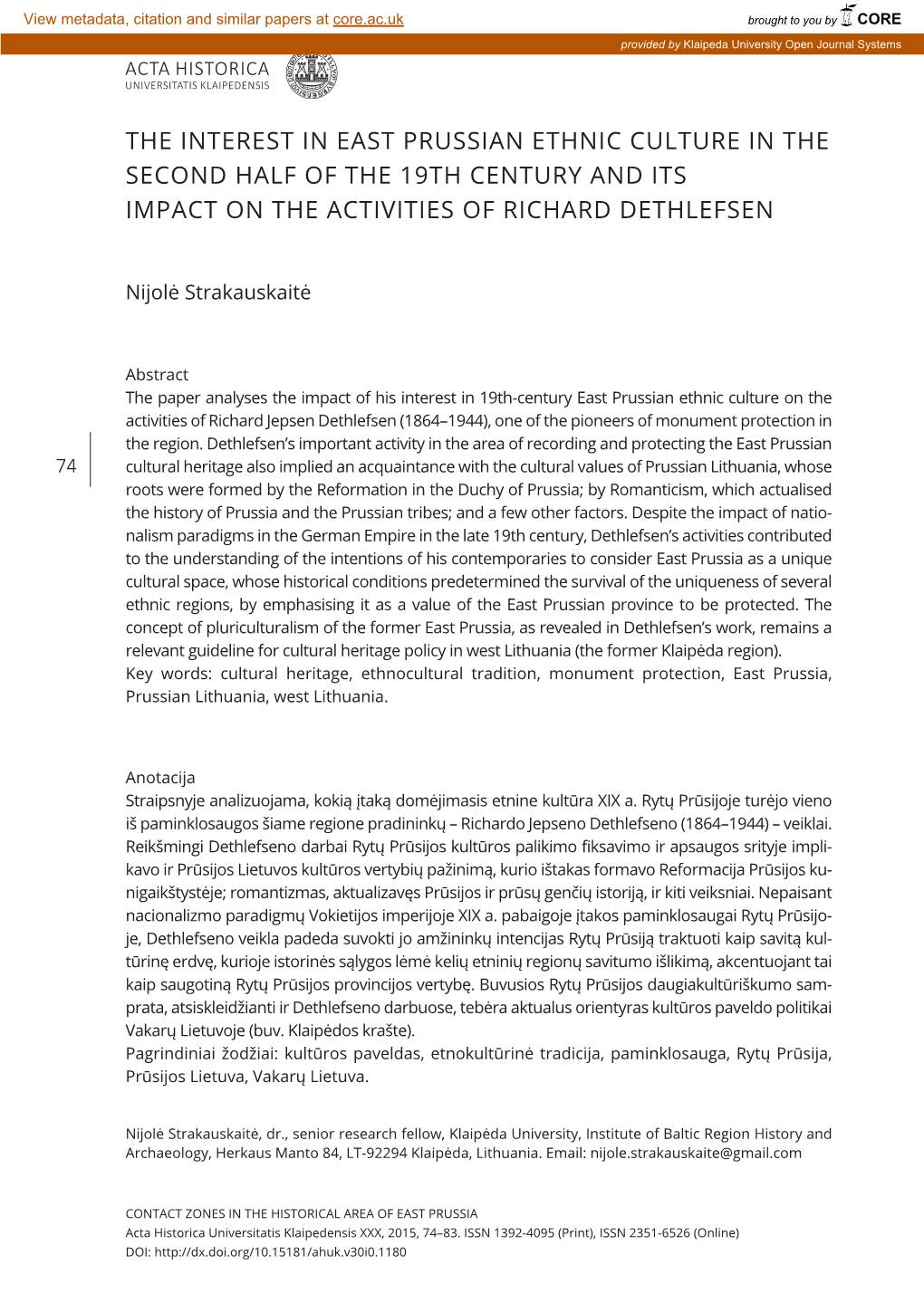 The Interest in East Prussian Ethnic Culture in the Second Half of the 19Th Century and Its Impact on the Activities of Richard Dethlefsen