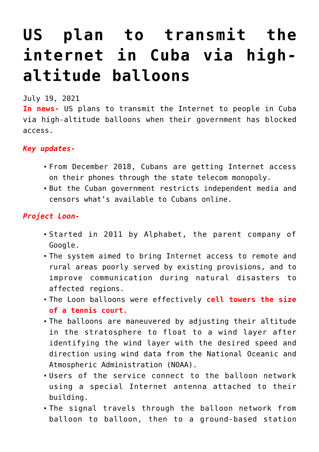 US Plan to Transmit the Internet in Cuba Via High-Altitude Balloons