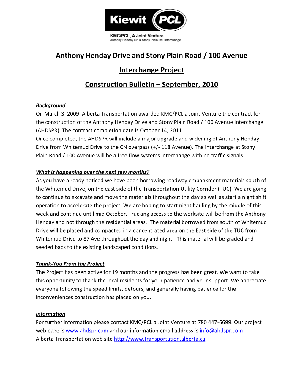 Anthony Henday Drive and Stony Plain Road / 100 Avenue Interchange Project Construction Bulletin – September, 2010