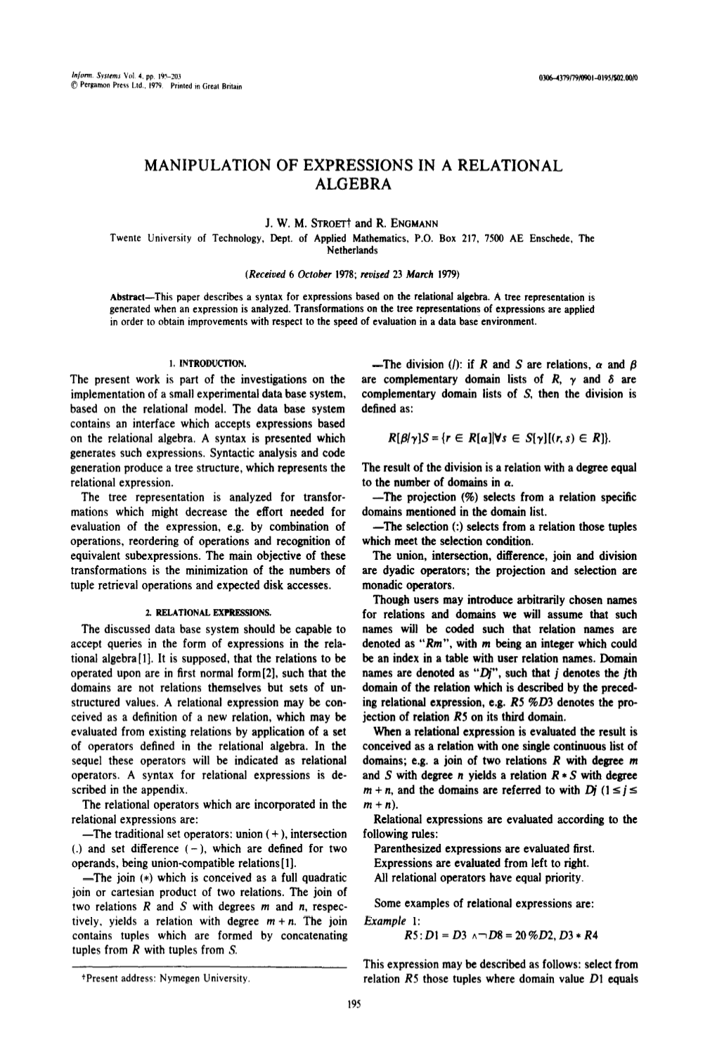 Manipulation of Expressions in a Relational Algebra