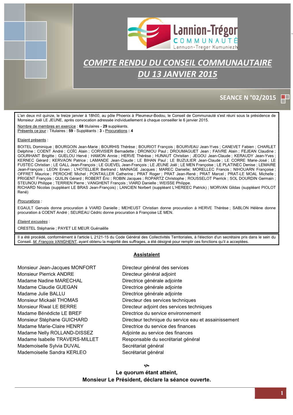 Conseil Communautaire Du 5 Janvier 2015 ;