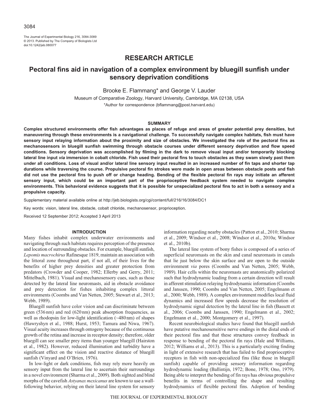 RESEARCH ARTICLE Pectoral Fins Aid in Navigation of a Complex Environment by Bluegill Sunfish Under Sensory Deprivation Conditions