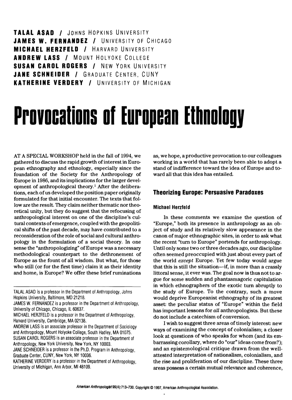 Provocations of European Ethnology