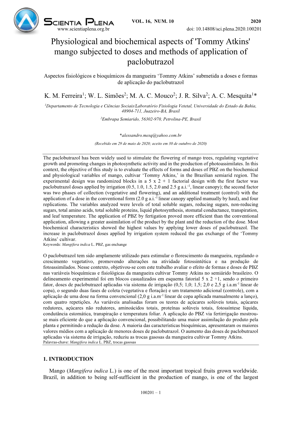 Physiological and Biochemical Aspects of 'Tommy Atkins' Mango Subjected to Doses and Methods of Application of Paclobutrazol