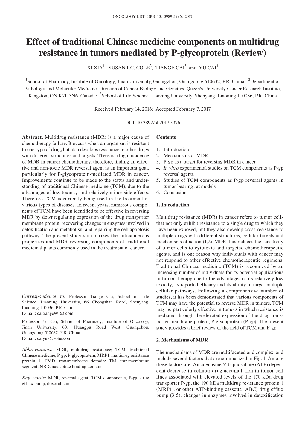 Effect of Traditional Chinese Medicine Components on Multidrug Resistance in Tumors Mediated by P-Glycoprotein (Review)