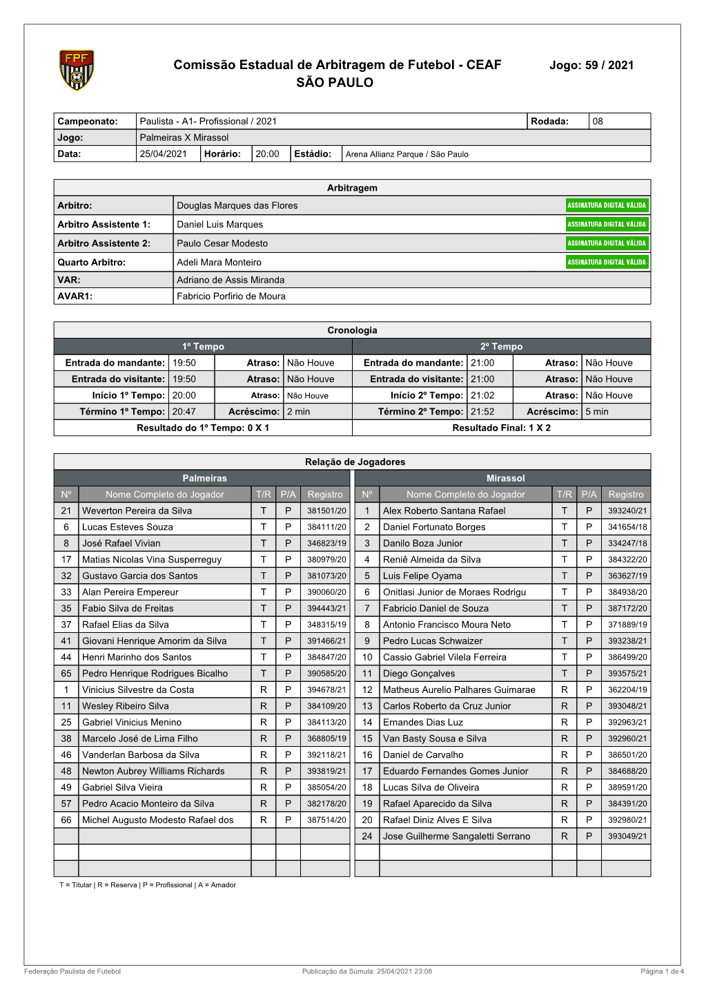 Comissão Estadual De Arbitragem De Futebol - CEAF Jogo: 59 / 2021 SÃO PAULO