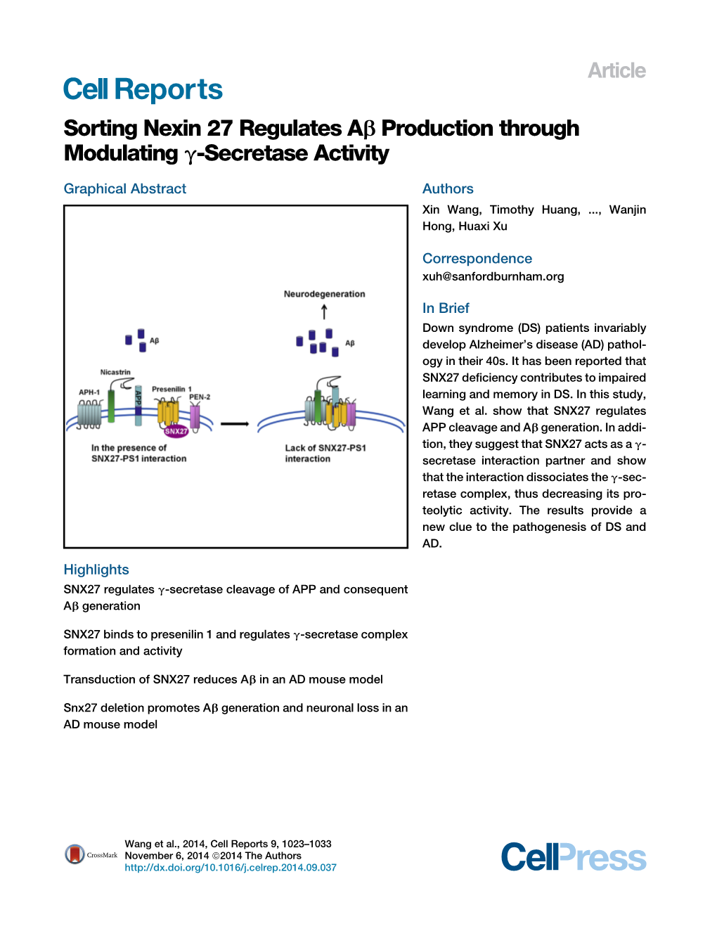 Sorting Nexin 27 Regulates AΒ Production Through Modulating