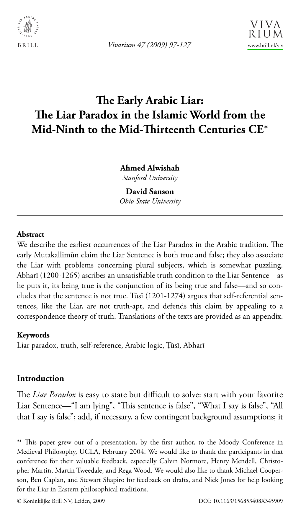 E Early Arabic Liar: E Liar Paradox in the Islamic World from the Mid-Ninth to the Mid-Irteenth Centuries