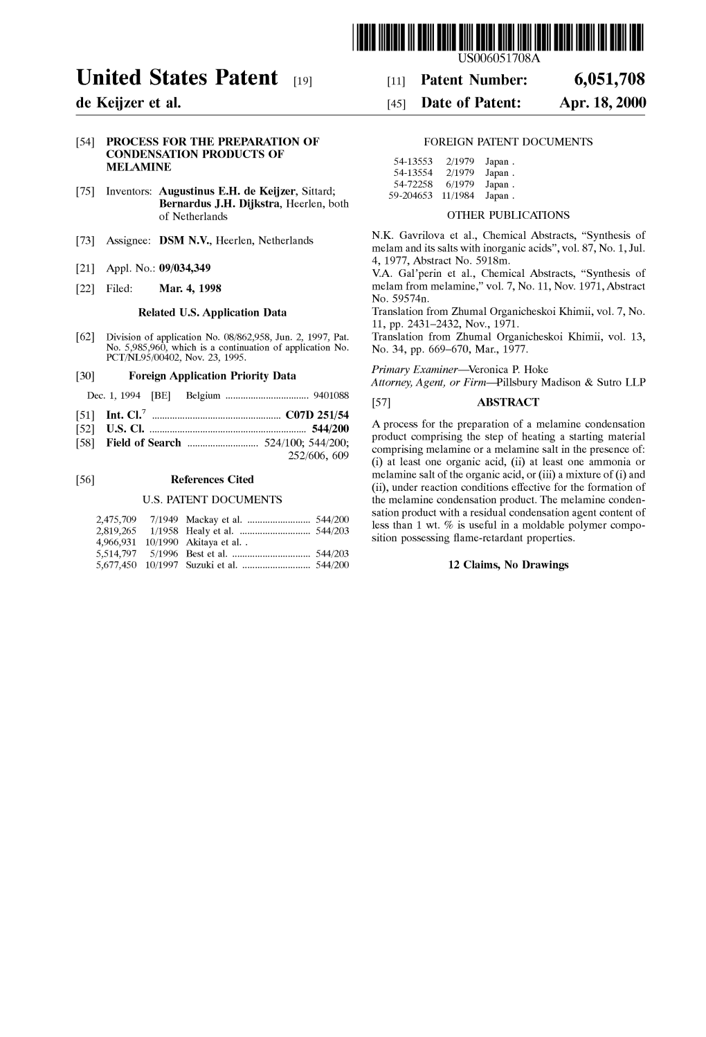 United States Patent (19) 11 Patent Number: 6,051,708 De Keijzer Et Al