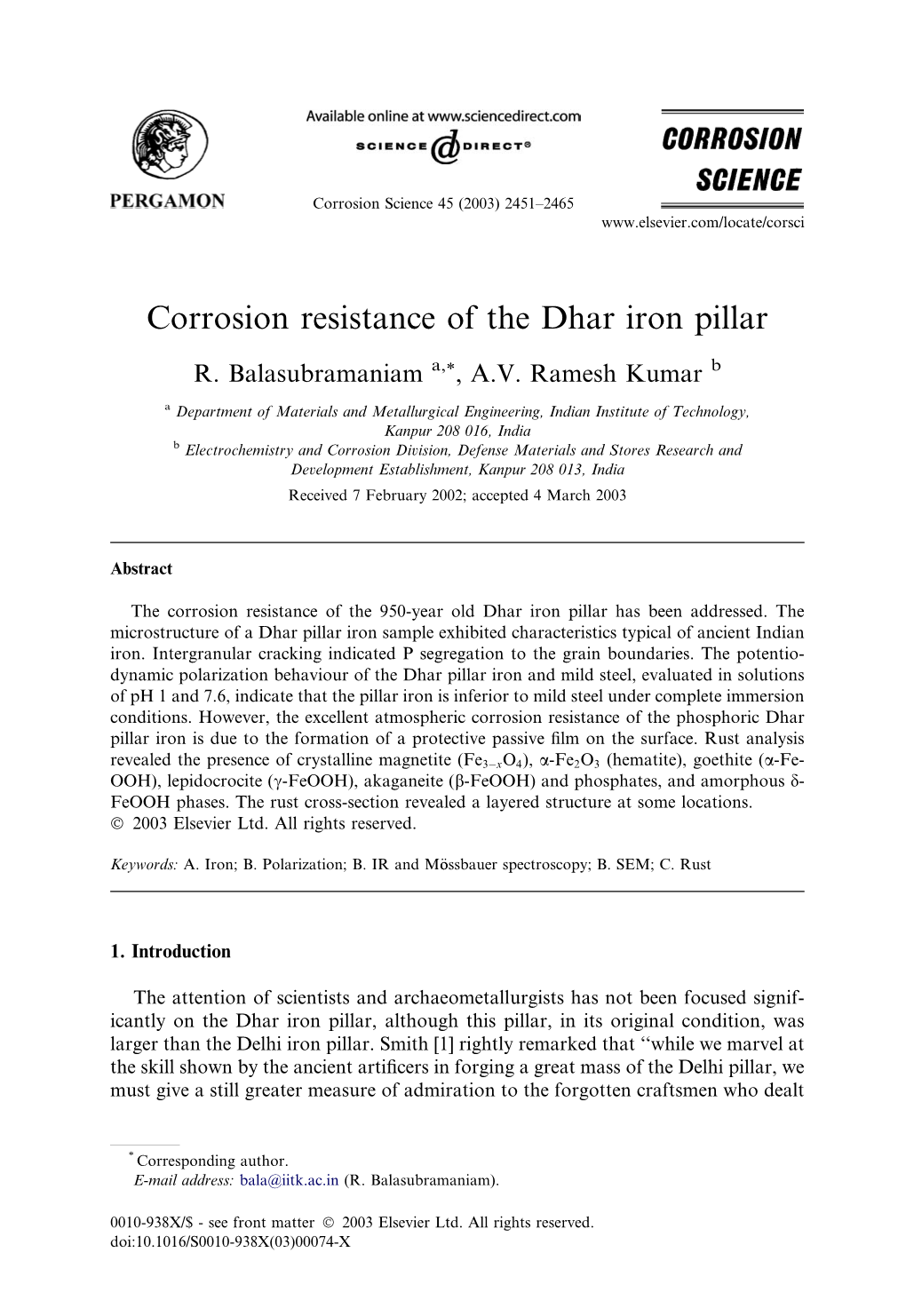 Corrosion Resistance of the Dhar Iron Pillar