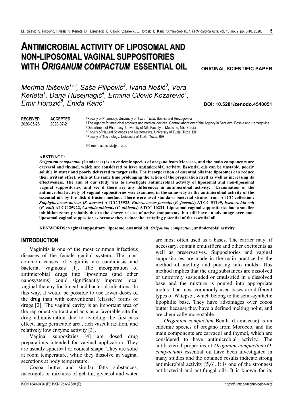 Antimicrobial Activity of Liposomal and Non-Liposomal Vaginal Suppositories with Origanum Compactum Essential