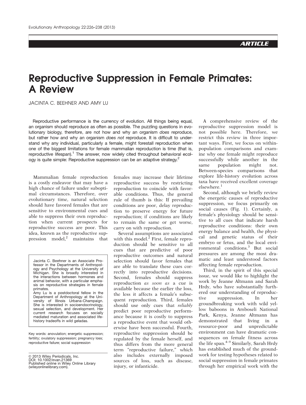 Reproductive Suppression in Female Primates: a Review