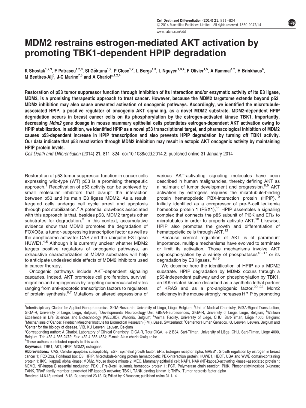 MDM2 Restrains Estrogen-Mediated AKT Activation by Promoting TBK1-Dependent HPIP Degradation