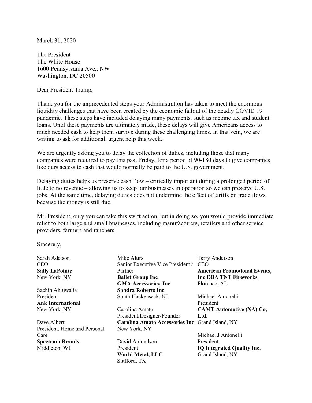 CEO Duty Deferral Letter to President Trump