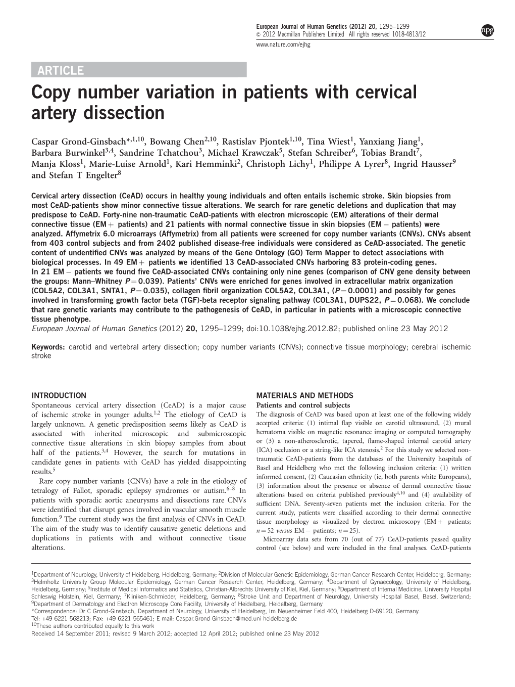 Copy Number Variation in Patients with Cervical Artery Dissection