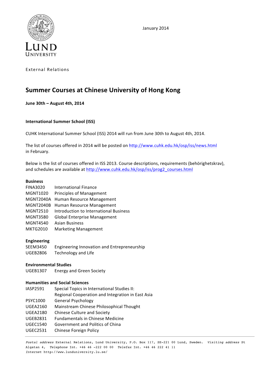 Summer Courses at Chinese University of Hong Kong