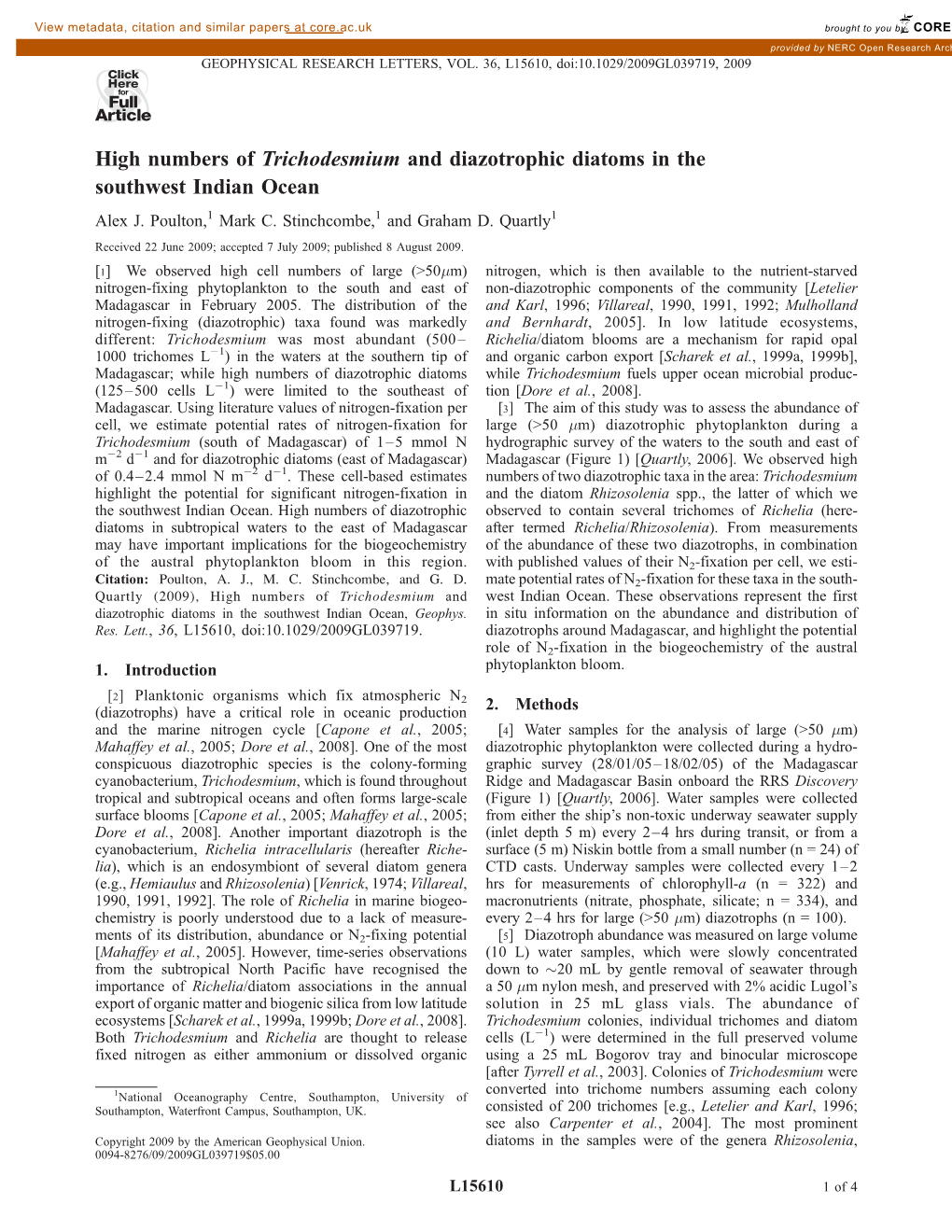 High Numbers of Trichodesmium and Diazotrophic Diatoms in the Southwest Indian Ocean Alex J