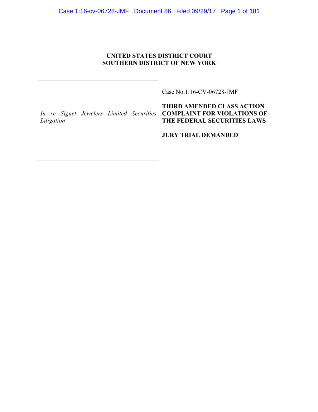 In Re Signet Jewelers Limited Securities Litigation 16-CV-06728-Third Amended Class Action Complaint for Violations of the Feder