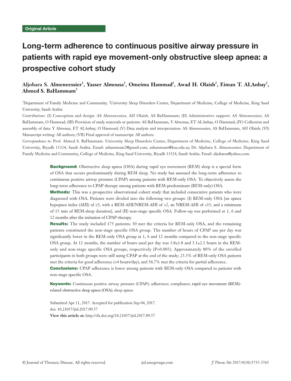 Long-Term Adherence to Continuous Positive Airway Pressure in Patients with Rapid Eye Movement-Only Obstructive Sleep Apnea: a Prospective Cohort Study