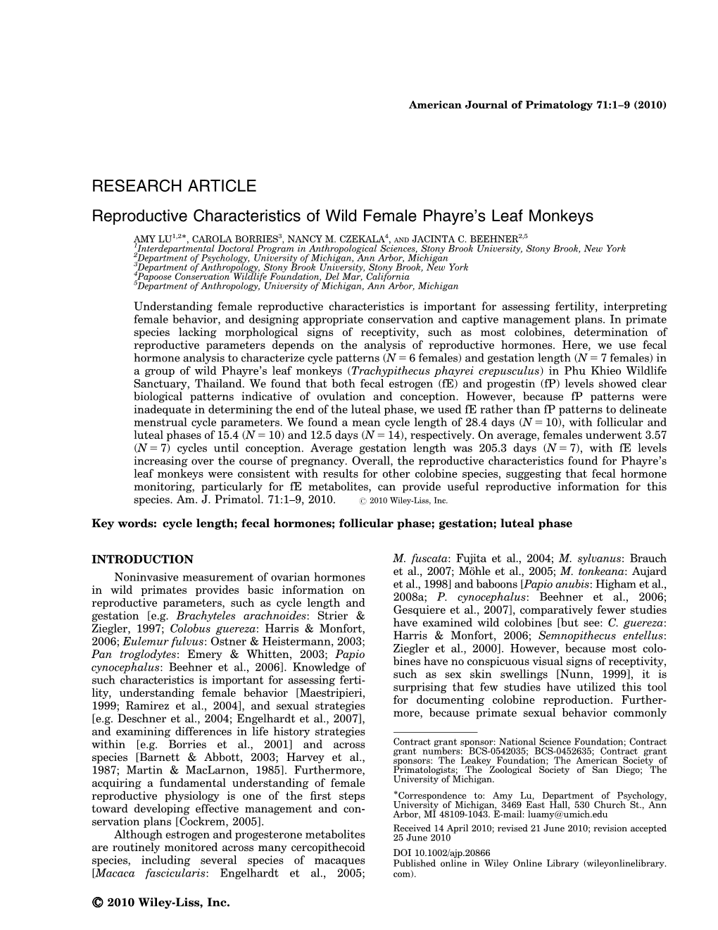 RESEARCH ARTICLE Reproductive Characteristics of Wild Female Phayre’S Leaf Monkeys