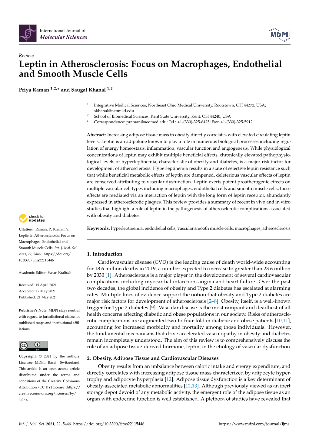 Leptin in Atherosclerosis: Focus on Macrophages, Endothelial and Smooth Muscle Cells