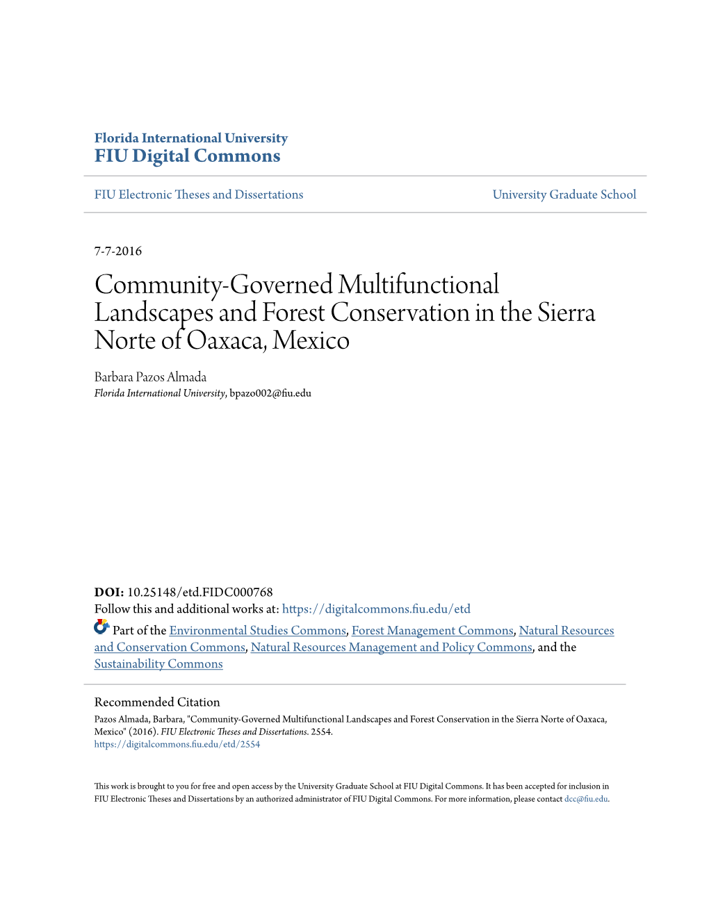 Community-Governed Multifunctional Landscapes and Forest