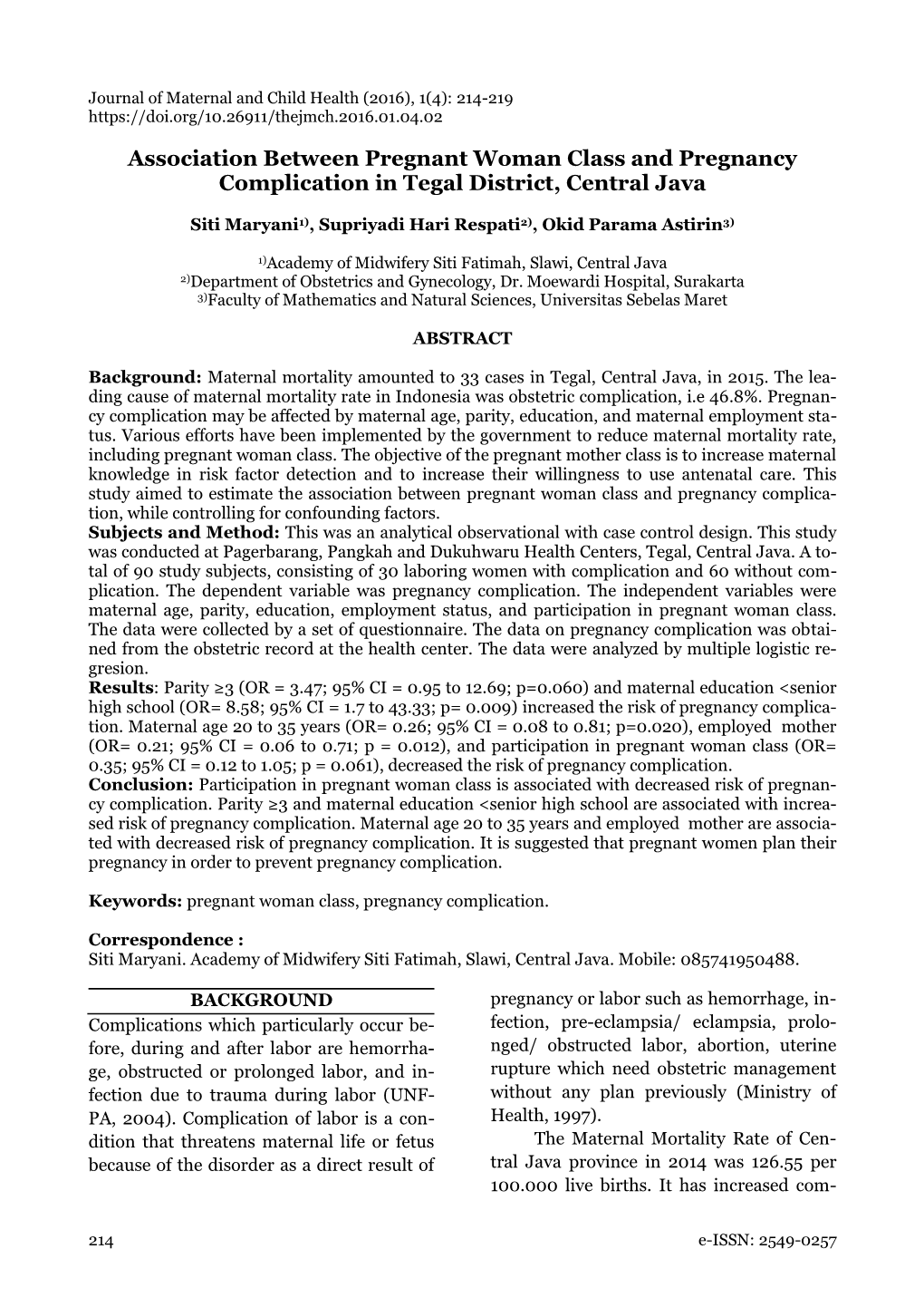 Association Between Pregnant Woman Class and Pregnancy Complication in Tegal District, Central Java