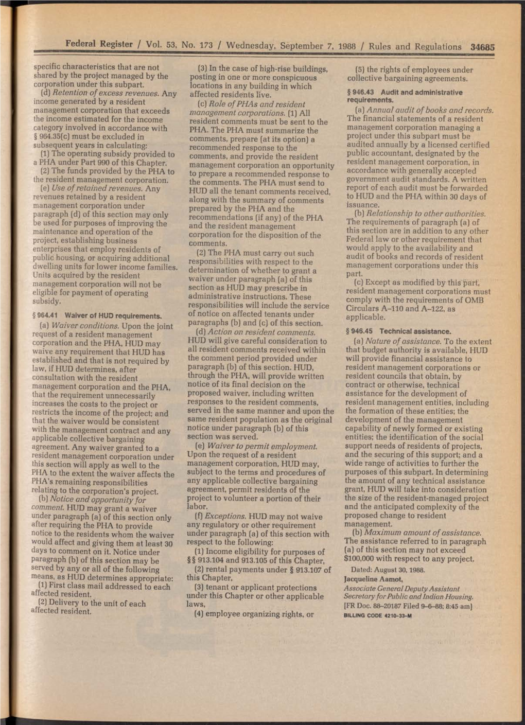 Federal Register / Vol, 53, No. 173 / Wednesday, September 7, 1988