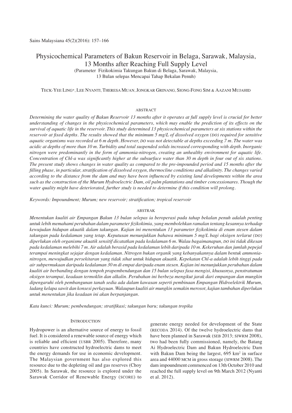 Physicochemical Parameters of Bakun Reservoir in Belaga, Sarawak