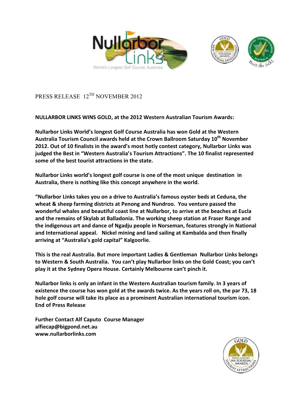 Press Release 12Th November 2012 Nullarbor Links Wins