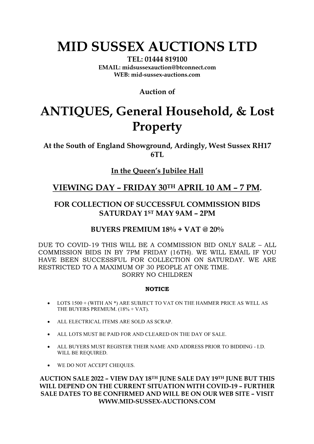 MID SUSSEX AUCTIONS LTD TEL: 01444 819100 EMAIL: Midsussexauction@Btconnect.Com WEB: Mid-Sussex-Auctions.Com