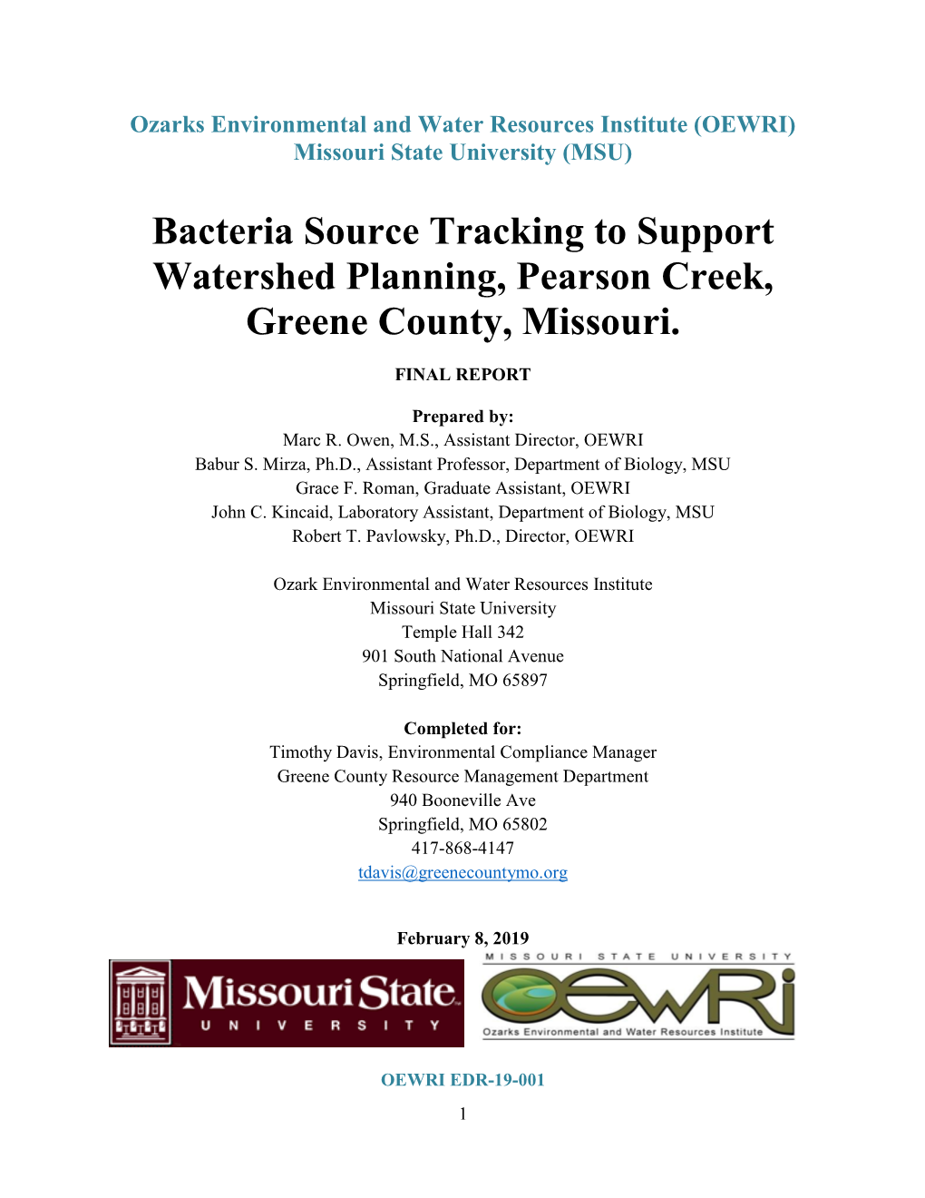 Bacteria Source Tracking to Support Watershed Planning, Pearson Creek, Greene County, Missouri