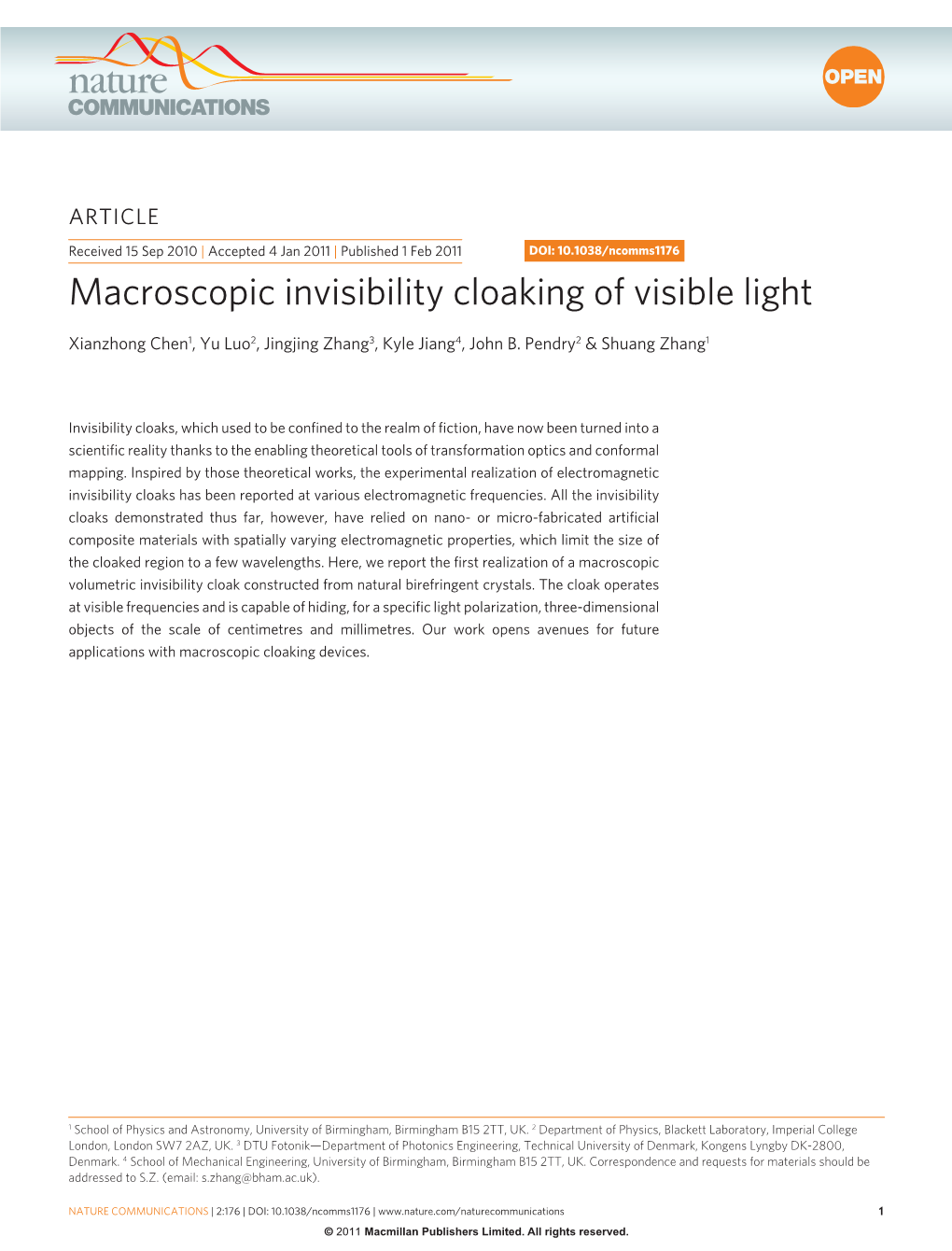 Macroscopic Invisibility Cloaking of Visible Light