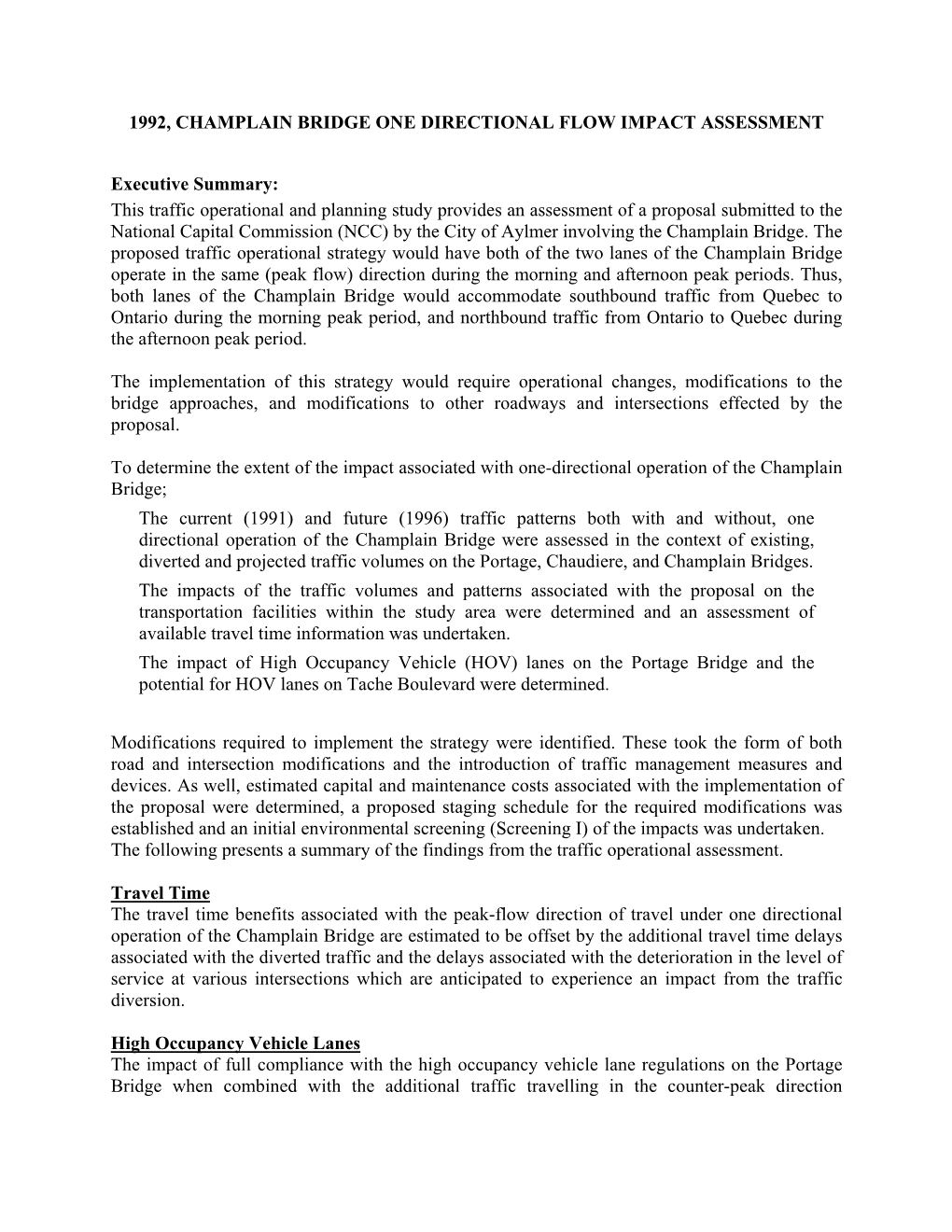 1992 Champlain Bridge Impact Assessment