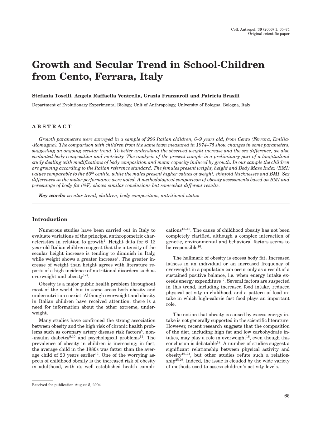 Growth and Secular Trend in School-Children from Cento, Ferrara, Italy