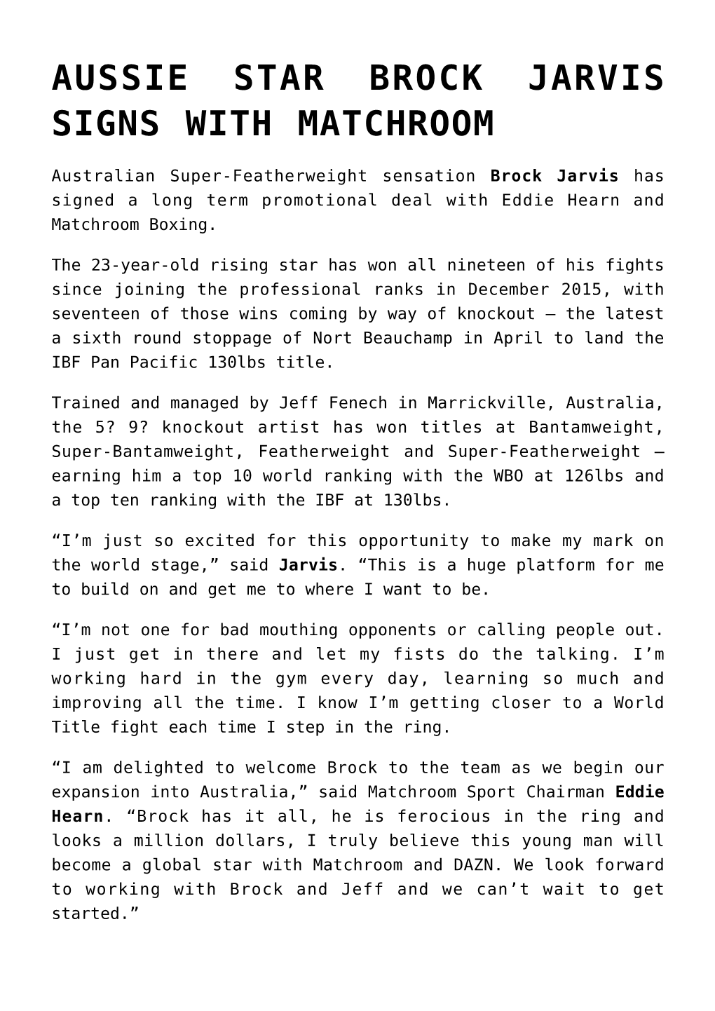 Aussie Star Brock Jarvis Signs with Matchroom