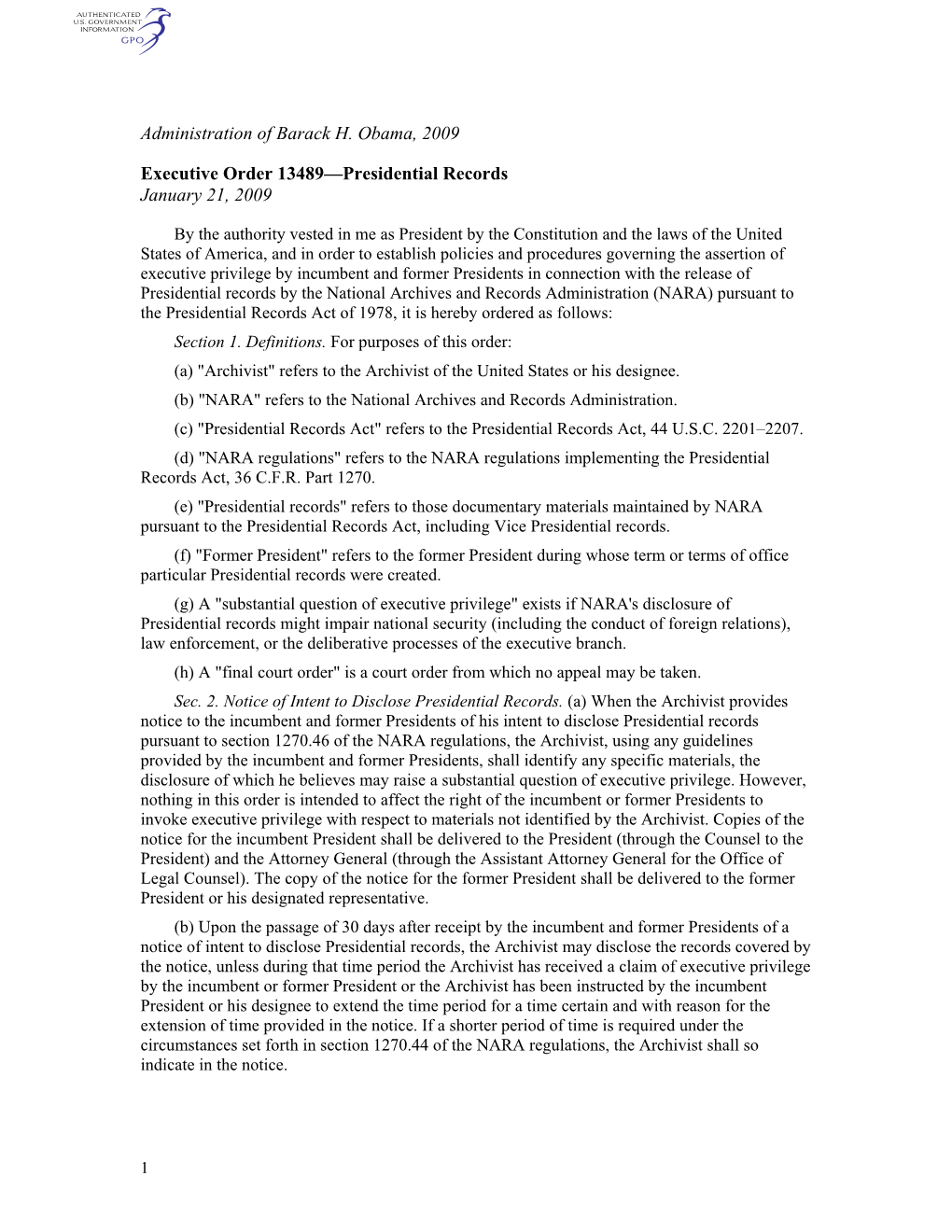 Administration of Barack H. Obama, 2009 Executive Order 13489