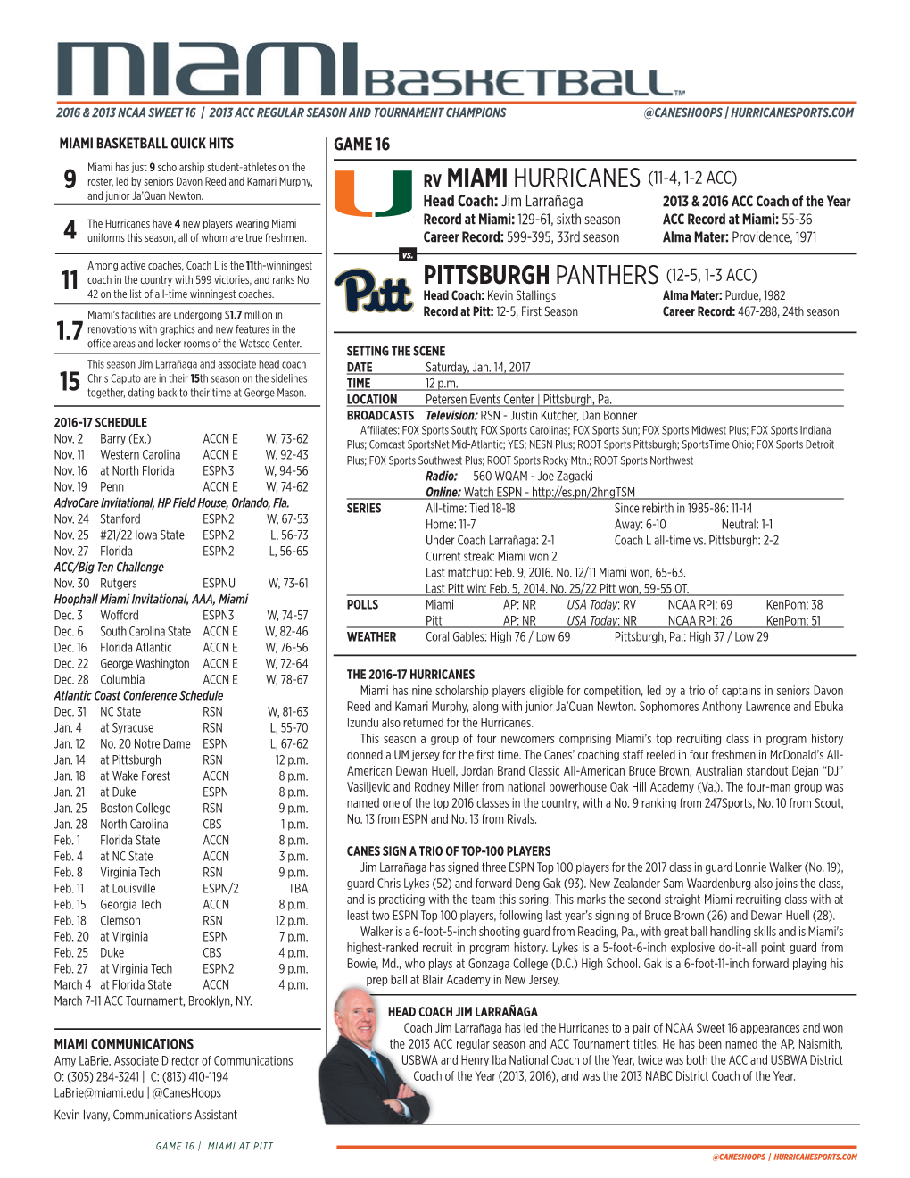 Rv Miami Hurricanes (11-4, 1-2 Acc) Pittsburgh