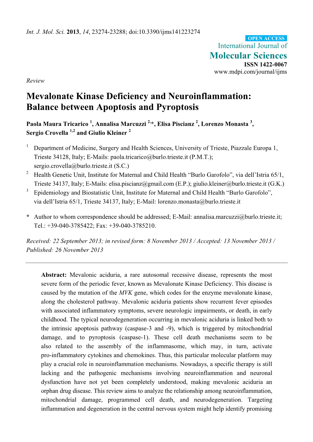 Mevalonate Kinase Deficiency and Neuroinflammation: Balance Between Apoptosis and Pyroptosis