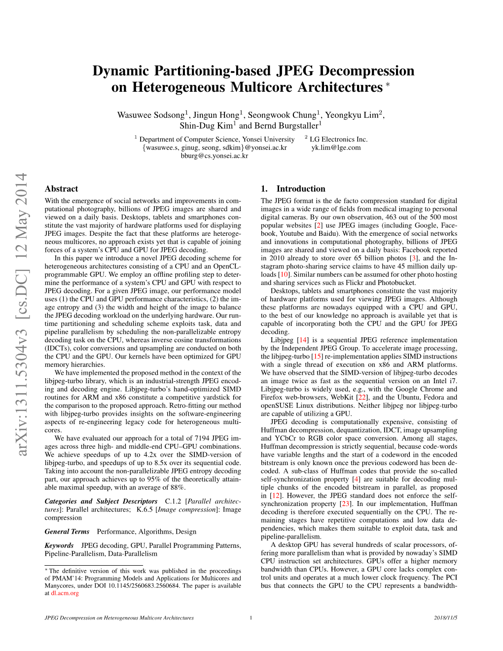 Dynamic Partitioning-Based JPEG Decompression on Heterogeneous Multicore Architectures ∗