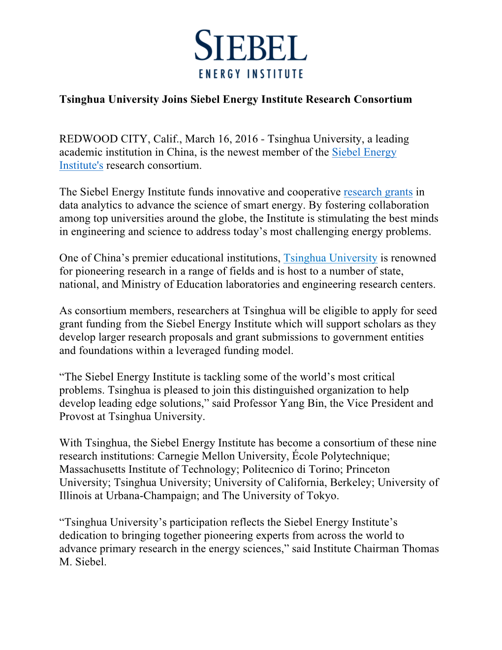 Tsinghua University Joins Siebel Energy Institute Research Consortium