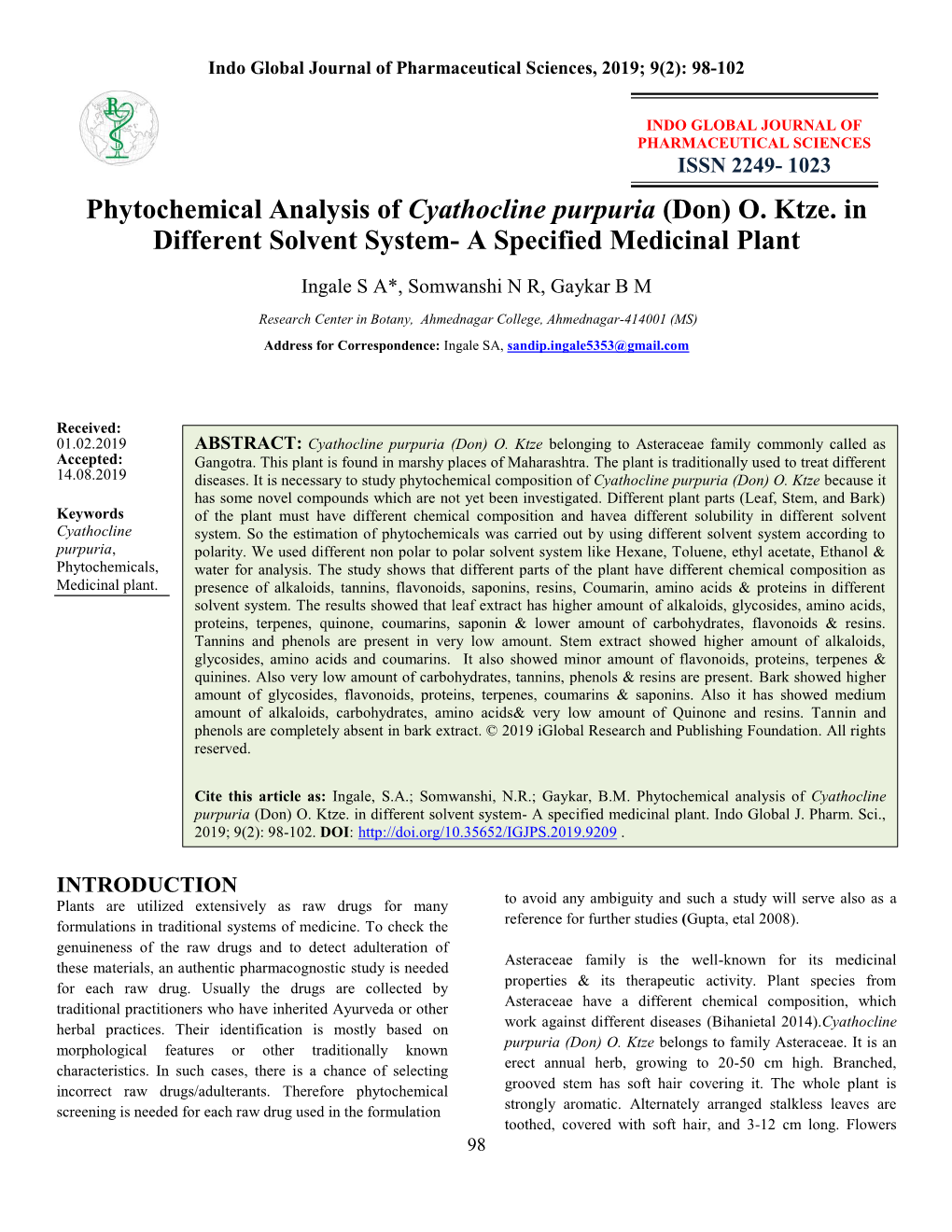 Phytochemical Analysis of Cyathocline Purpuria (Don) O