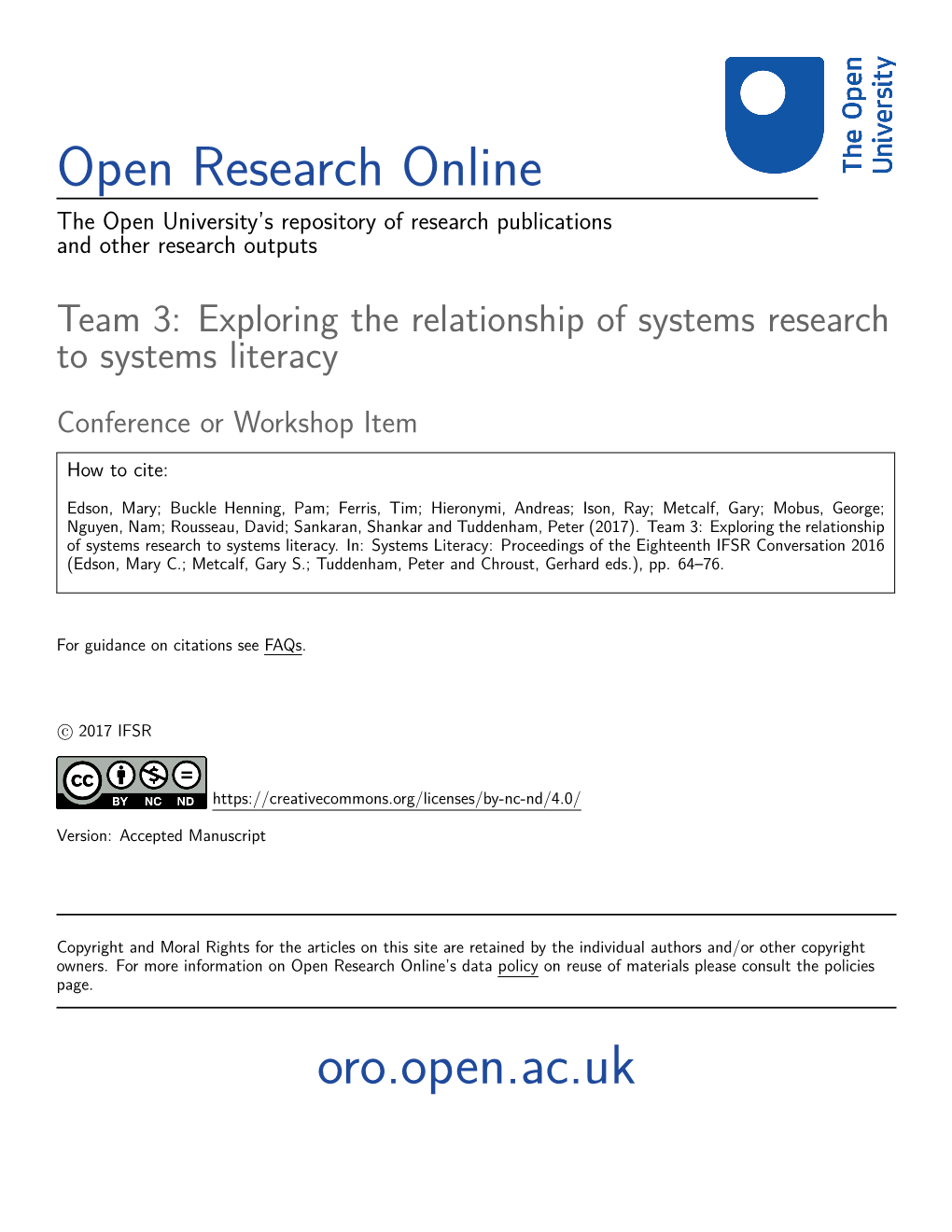 Team 3: Exploring the Relationship of Systems Research to Systems Literacy