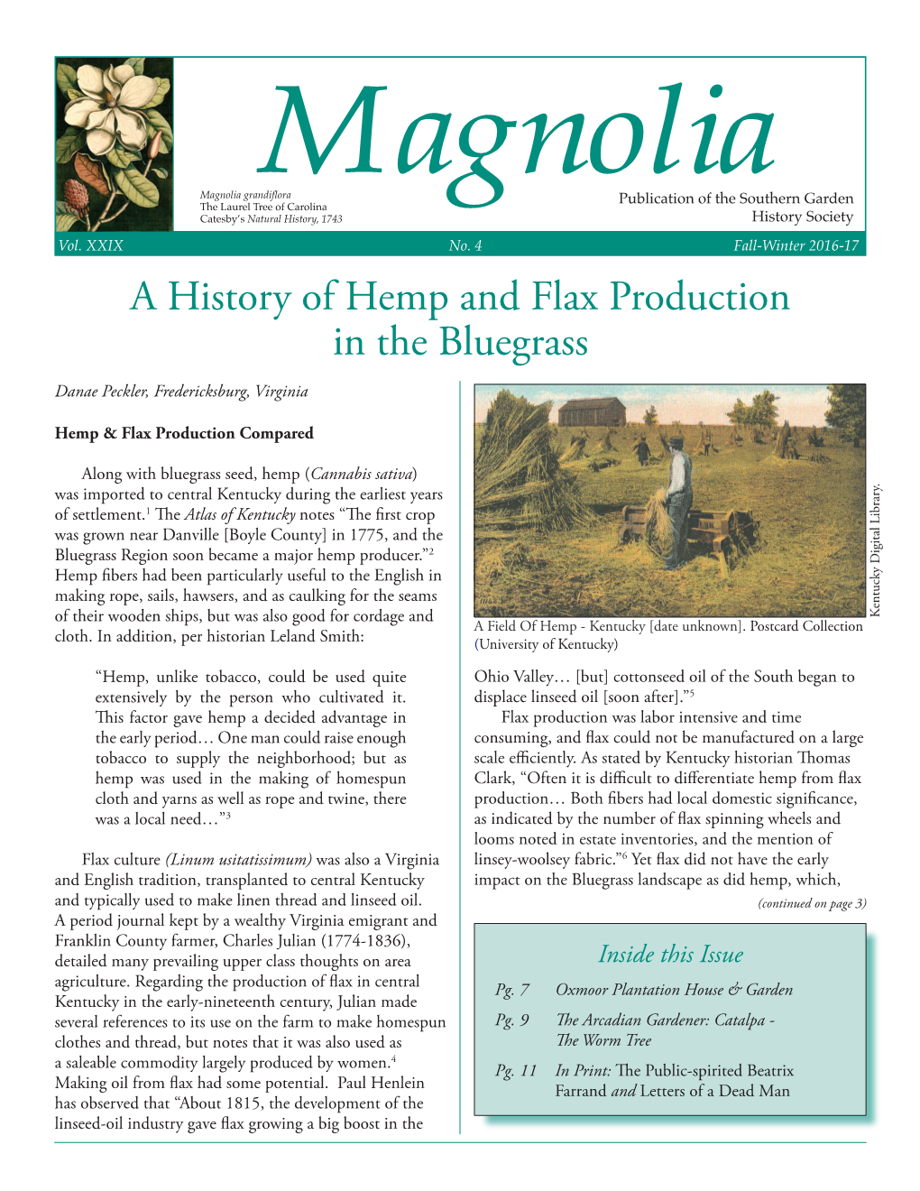 A History of Hemp and Flax Production in the Bluegrass Danae Peckler, Fredericksburg, Virginia